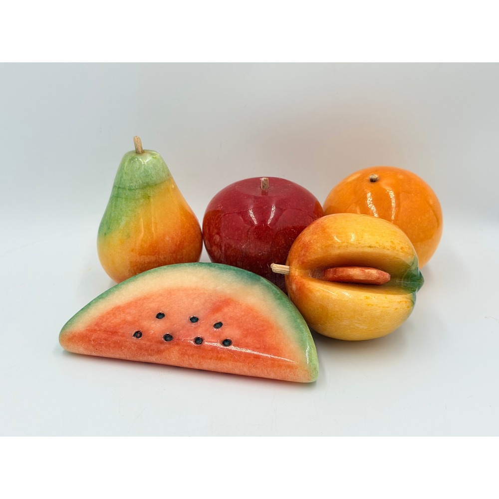 Vintage Italian Alabaster Marble Stone Fruit Set 5pc Apple Pear Peach Watermelon